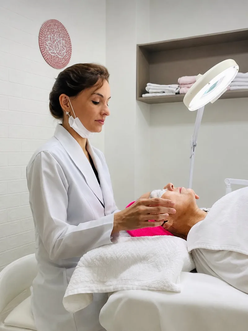 Biomédica Juliana Ramos realizando protocolo facial em paciente na Estética Lótus Foz