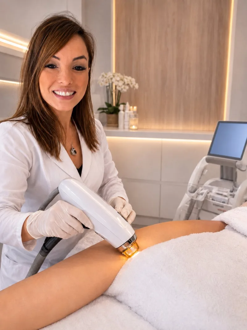 Biomédica Juliana realizando depilação a laser LightDuet na Estética Lótus Foz